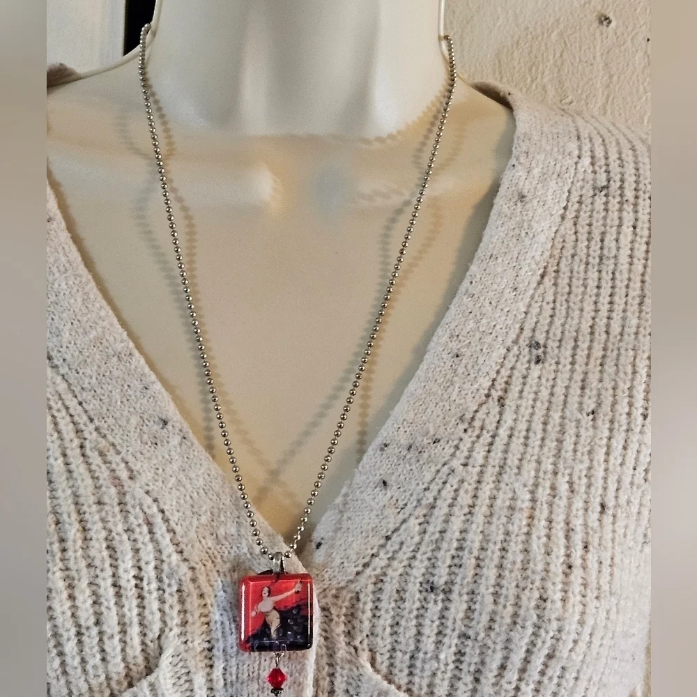 Hand Crafted vintage necklace handmade red & purple paper resin art ball chain